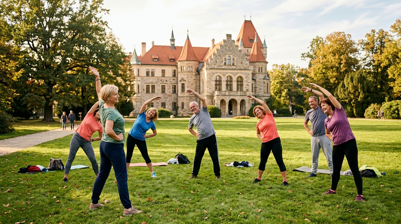 Skupina lidí cvičících venku na trávníku