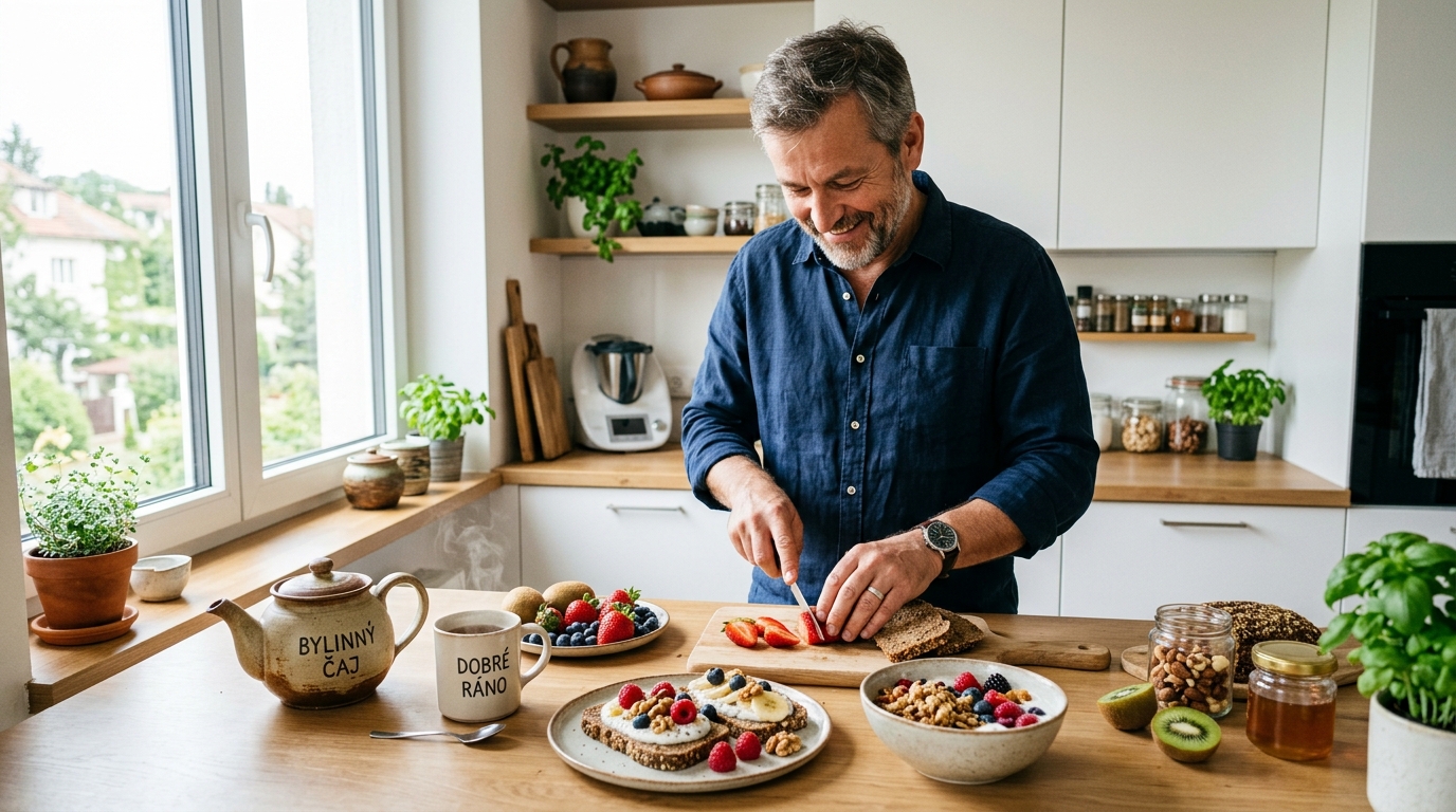 Muž připravující zdravou snídani v kuchyni
